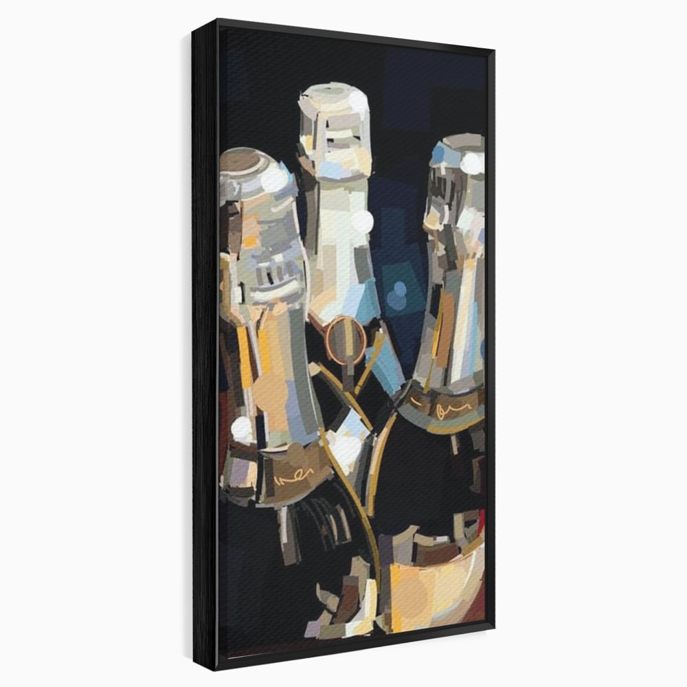 Tablou canvas cu pictura abstracta cu trei sticle de sampanie, in rama de aluminiu negru